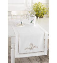 Naturel Duck Kumaş Ajurlu Sütlü Kahve İşlemeli 50x130 cm Runner (Natural)