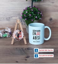 Abiye Hediye Kupa Bardak Beyaz ve Fotoğraflı Ahşap Anahtarlık Hediye (Model 1)