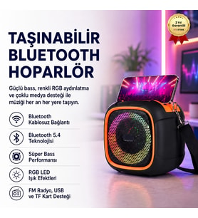 Taşınabilir Bluetooth Hoparlör Süper Bass, RGB Işık, Hi-Fi Stereo, FM Radyo, USB & TF Kart Destekli
