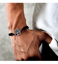 Gümüş Yaşam Ağacı Bileklik 925 Ayar Gümüş Hayat Ağacı Figürlü İp Örgü Unisex Bileklik (Siyah)