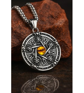 voyageaccessory Çift Taraflı Pentagram Desenli Sarı Cam Göz Detaylı Antik Paslanmaz Çelik Kolye