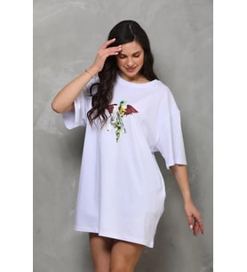 Unisex Bisiklet Yaka Baskılı Oversize T-Shirt - Beyaz