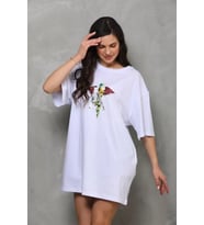 Unisex Bisiklet Yaka Baskılı Oversize T-Shirt - Beyaz
