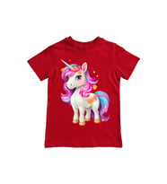 Unicorn baskılı pamuklu penye kumaş yazlık çocuk tişört (Kırmızı)