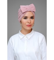Pudra Pratik Hazır Geçmeli Tesettür Bone Sandy Kumaş Fiyonklu Büzgülü 7006_06