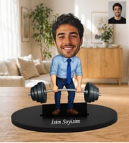 Kişiye Özel Fotoğraflı Sporcu Erkek Biblosu - Şık Masaüstü Karikatür Kişiye Özel Fitness Karikatür Biblo İş Hayatının Şampiyonu Karikatür Biblo - Halterli ve Kravatlı Eğlenceli Hediye