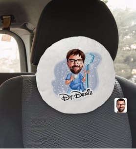 BK Gift Kişiye Özel İsimli Erkek Diş Hekimi Karikatürlü Yuvarlak Araç Koltuk Yastığı-2