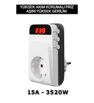 Tekli Akım Korumalı Priz Dijital Ekranlı 15A 3520W Aşırı Gerilim Koruma CE Sertifikalı (Beyaz)