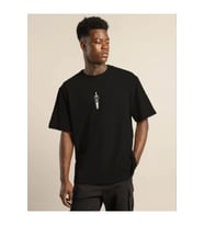 Unisex Bisiklet Yaka Baskılı Oversize T-Shirt - Siyah