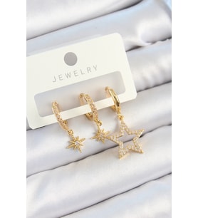 Pirinç Zirkon Taşlı Yıldız Model Gold Renk 3'lü Çift Kadın Küpe Set (Altın)