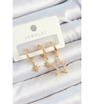 Pirinç Zirkon Taşlı Yıldız Model Gold Renk 3'lü Çift Kadın Küpe Set (Altın)
