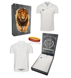 Galatasaray Orijinal Lisanslı Polo Yaka Beyaz T-Shirt + Bileklik Set Hediyelik Ahşap Kut
