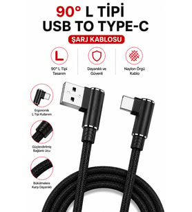 90° L Tipi USB to Type-C Şarj Kablosu Dayanıklı Naylon Örgülü Kablo 1 Metre