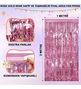 Ekstra Metalize Parlak Saçaklı Arka Fon Perde Rose Gold