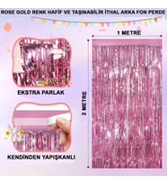 Ekstra Metalize Parlak Saçaklı Arka Fon Perde Rose Gold
