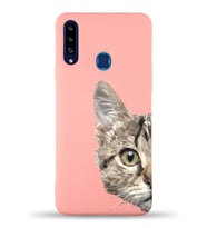 Samsung Galaxy A20s Uyumlu Lansman Kılıf Catface Tasarımlı İçi Kadife Kapak-Pembe (Şeffaf)