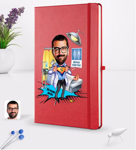 BK Gift Kişiye Özel Erkek Doktor Karikatürlü Kırmızı Termo Deri Defter 16x24cm Model 1