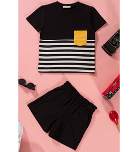 Çizgili Garnili Cepli Siyah Tshirt Şort Takım