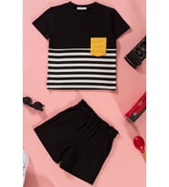 Çizgili Garnili Cepli Siyah Tshirt Şort Takım