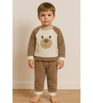 Ayıcık Nakışlı Bebek&Çocuk Kışlık Peluş Welsoft Alt Üst Takım-Bej