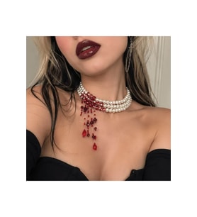 Cadılar Bayramı Kolyesi Halloween İnci Choker Tasma Kolye Bordo Kırmızı Boncuklu Sarkan Gotik Takı