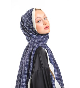 Geometrik Desen Pavia Seri Şal Eşarp Askısı ile Birlikte 75x200 cm Lacivert Krem