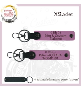 Yol Tutkunlarına, İsim Plaka ve 0 Rh (-) Kan Grubu Kişiselleştirilmiş Deri x2 Anahtarlık, Pembe-Laci (Çok Renkli)