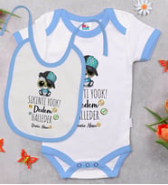 BK Kids Kişiye Özel Sıkıntı Yok Dedem Halleder Tasarımlı Mavi Bebek Body Zıbın ve Mama Önlüğü Hediye Seti