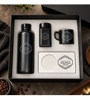 BK Gift Kişiye Özel İsimli Siyah Cam Suluk & Kahve Fincanı & Türk Kahvesi & MDF Bardak Altlığı - Hediye Kutulu Siyah Set-3