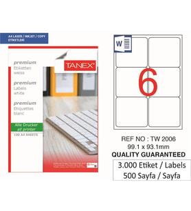Tanex Lazer Etiket tw-2006 500 A4 Sayfa Laser Etiket 99,1 X 93,1 mm  1 A4 Sayfada 6 Etiket