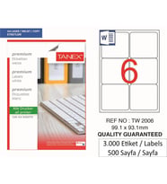 Tanex Lazer Etiket tw-2006 500 A4 Sayfa Laser Etiket 99,1 X 93,1 mm  1 A4 Sayfada 6 Etiket