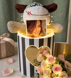 Kişiye Özel Fotoğraflı Ledli Kalp Aynalı Silindir Kutulu Peluş Eşek