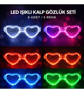 LED Işıklı Kalp Glow Pilli Parti Gözlüğü? 6 Adet / 5 Renk Set