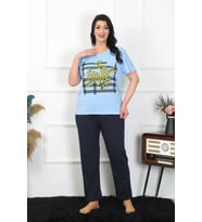 pilelistore- Kadın Büyük Beden Mavi Pijama Takımı