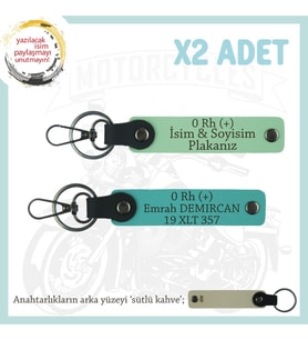 Biker Stiline Özel, İsim Plaka ve 0 Rh (+) Kan Grubu Yazılı x2 Anahtarlıkları, Yeşil-K Turkuaz-SK (Çok Renkli)