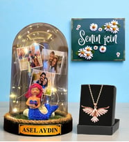 Premium Set - Kişiye Özel Led Işıklı Fanus ve Zümrüdü Anka Kuşu Kolyesi (Model 7)