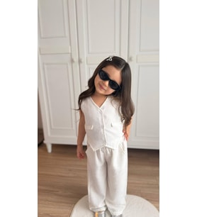 Cg Kids Keten Simli Kız Çocuk Alt Üst Takım Süper Kalite Ekru