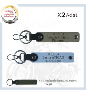 Motosiklet Aşıkları İçin İsim Plaka ve 0 Rh (-) Kan Grubu Yazılı x2 Anahtarlık Set, Kül Gri-Mavi-Ysl (Çok Renkli)