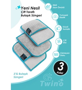 Twino 3'lü Bulaşık Süngeri Ultra Güçlü Sert Mutfak Ocak Teli Zor Kir Ovma Mikrofiber Temizlik Bezi