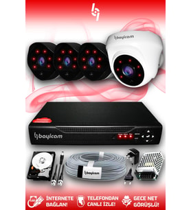 BAYICAM 4 Kameralı Uzay 1 İç Kamera Set 320 GB HDD Full HD Gece Görüşlü Güvenlik Kamerası Sistemi