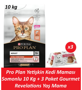 Pro Plan Yetişkin Kedi Maması Somonlu 10 Kg + 3 Adet Gourmet Somonlu Yaş Mama