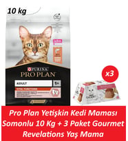 Pro Plan Yetişkin Kedi Maması Somonlu 10 Kg + 3 Adet Gourmet Somonlu Yaş Mama
