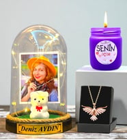 Premium Hediye Seti Size Özel Led Işıklı Fanus, Kokulu Mum ve Ametist Taşlı Anka Kuşu Kolye (Model 5)