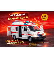 1:16 Ölçek Sesli Işıklı Kapıları Açılır Ambulans Sürtmeli Gerçekçi Ambulans Sesi  22 Cm