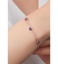 GÜMÜŞ ROSE GÖZ NAZAR BONCUKLU İKİ ZİNCİRLİ BİLEKLİK (Rose - Lacivert)
