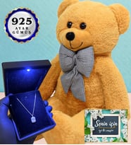 Işıklı Kutusunda 925 Ayar Gümüş Kolye ve 80cm Kahve Peluş Ayıcık (Model 3)