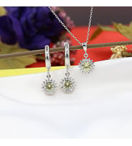 Sarı Beyaz Taşlı Minimal Anturaj Yuvarlak Gümüş Kolye Küpe Takım