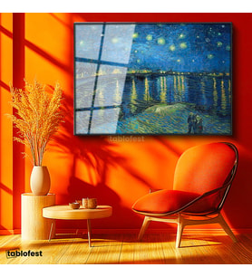 Siyah Renk Metal Çerçeveli Tamperli Cam Tablo Van Gogh Rhone Üzerinde Yıldızlı Gece Rıhtım Ressam Tablosu Duvar Dekoru