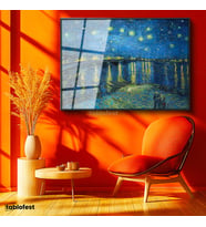 Siyah Renk Metal Çerçeveli Tamperli Cam Tablo Van Gogh Rhone Üzerinde Yıldızlı Gece Rıhtım Ressam Tablosu Duvar Dekoru