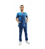 Emel Tekstil Doktor Terikoton Likralı Erkek Orta Mavi Cerrahi Yaka Takım 4814